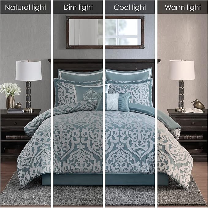 Madison Park Odette Cozy Comforter Set Jacquard Damask Medallion Design - Modern All Season, Down Alternative Bedding, Shams, Decorative Pillows, Queen(90 in x 90 in), Aqua - LeafyLoom