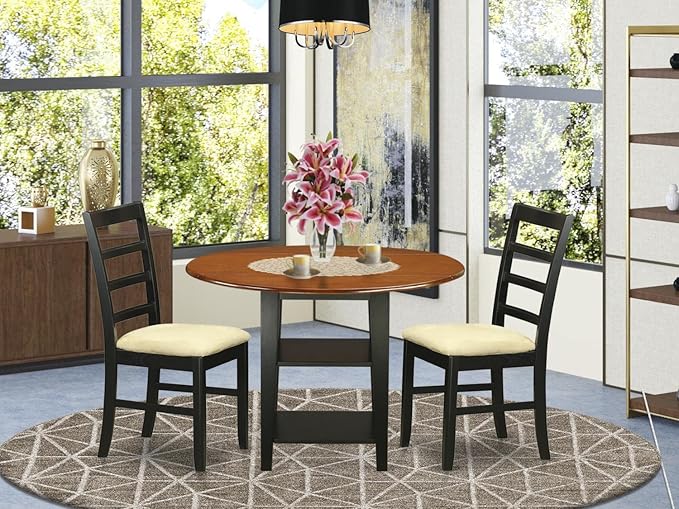 East West Furniture SUPF3-BCH-C 3 Piece Dining Room Set Contains a Round Kitchen Table with Dropleaf & Shelves and 2 Linen Fabric Upholstered Chairs, 42x42 Inch, Black & Cherry - LeafyLoom