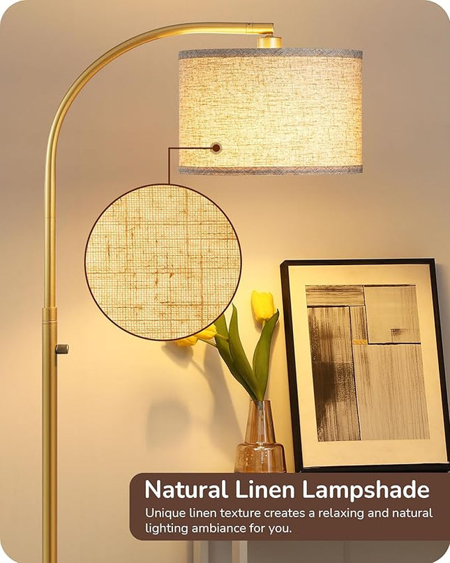 EDISHINE Dimmable Arched Floor Lamp, Gold Standing Lamp with Adjustable Line Lampshade, Rotary Switch, Reading Lights for Living Room, Bedroom, Study Room, Office, LED Bulb Included - LeafyLoom