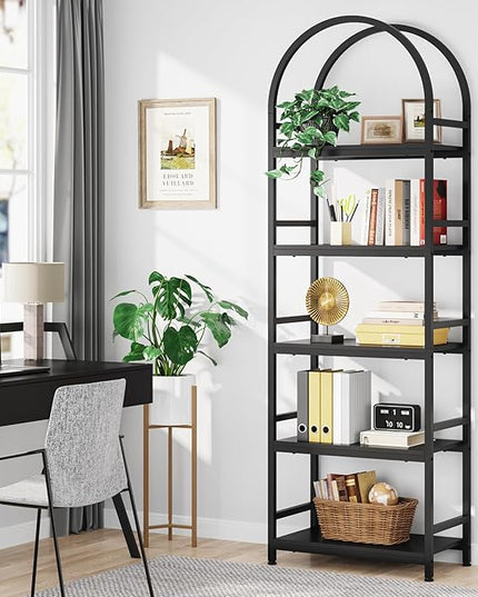 Tribesigns 5-Tier Open Bookshelf, 74.4" Wood Bookcase Storage Shelves with Metal Frame, Freestanding Display Rack Tall Shelving Unit for Office, Bedroom, Living Room, Easy Assembly(Black, 1PC) - LeafyLoom