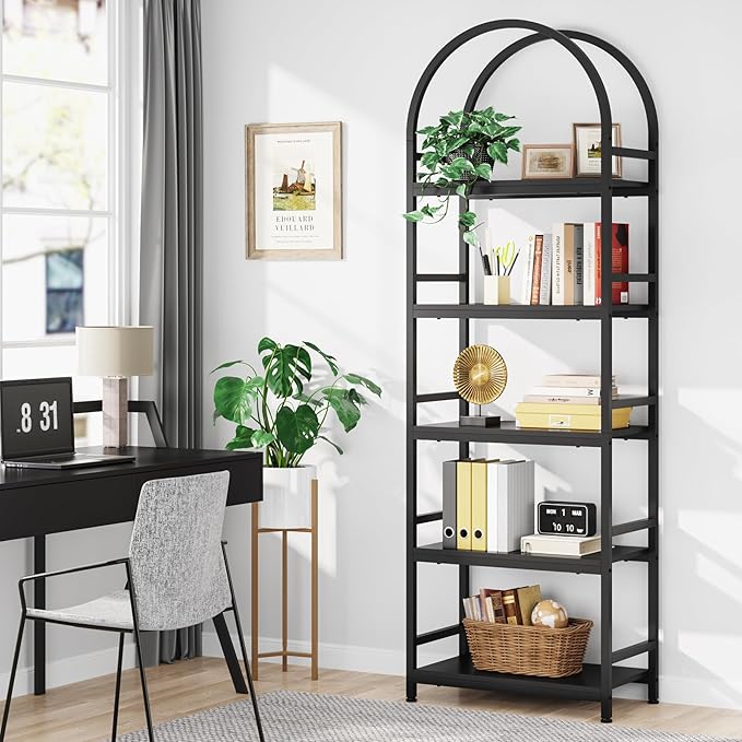Tribesigns 5-Tier Open Bookshelf, 74.4" Wood Bookcase Storage Shelves with Metal Frame, Freestanding Display Rack Tall Shelving Unit for Office, Bedroom, Living Room, Easy Assembly(Black, 1PC) - LeafyLoom