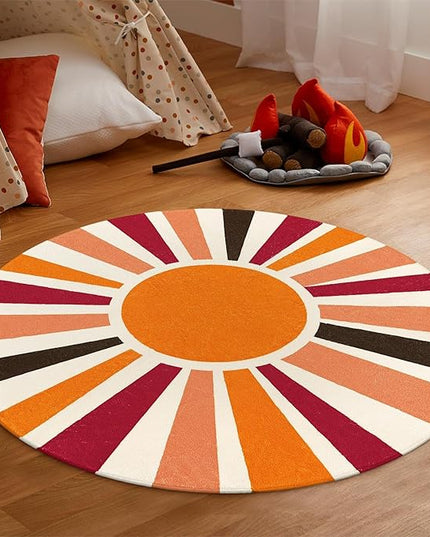 Round Washable Rug 4 Ft Small Round Rug for Kids Room, Orange Sun Circle Rug for Playroom, Non-Slip Circular Office Carpet Soft Rainbow Rug for Bedroom Reading Corner Dorm - LeafyLoom