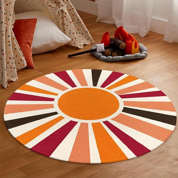 Round Washable Rug 4 Ft Small Round Rug for Kids Room, Orange Sun Circle Rug for Playroom, Non-Slip Circular Office Carpet Soft Rainbow Rug for Bedroom Reading Corner Dorm - LeafyLoom