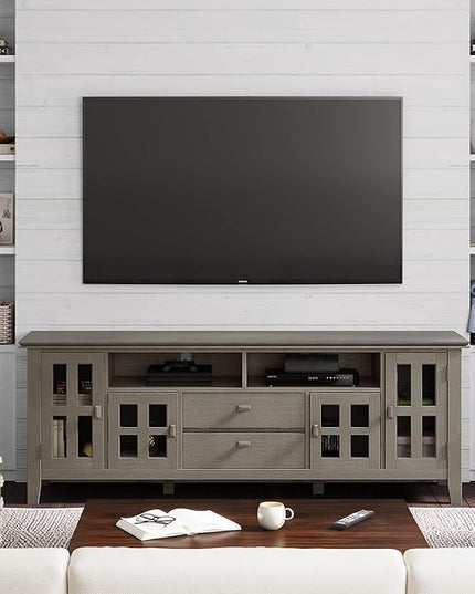 SIMPLIHOME Artisan Solid Wood 72 inch Wide Contemporary TV Media Stand in Farmhouse Grey for TVs up to 80 inches - LeafyLoom