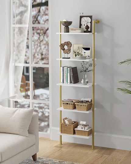 5-Tier Bookshelf Solid Wood Ladder Shelf, Narrow Book shelf Display Shelf, Wooden Ladder Shelf Bookcase, Wall Mount Ladder Shelf, Storage Rack for Living Room, Bedroom, Bathroom, White and Gold - LeafyLoom