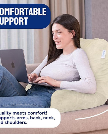 ComfortSpa Reading Pillow for Bed Adult Size, Back Rest Pillow with Arms, Pockets and Washable Cover; Use as a Back Pillow for Sitting in Bed for Bedrest or Relief from GERD Heartburn (Cream) - LeafyLoom