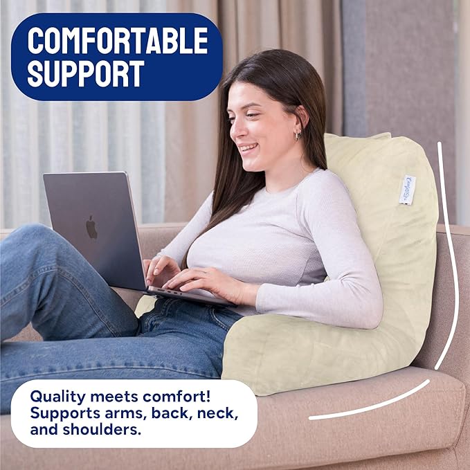 ComfortSpa Reading Pillow for Bed Adult Size, Back Rest Pillow with Arms, Pockets and Washable Cover; Use as a Back Pillow for Sitting in Bed for Bedrest or Relief from GERD Heartburn (Cream) - LeafyLoom