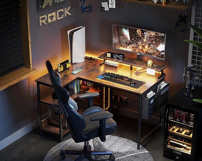 ODK 40 Inch Gaming Desk with USB Charging Ports and LED Lights, Reversible L Shaped Computer Desk with Storage Shelves & Monitor Stand, Corner Home Office Desk Table with Power Outlets, Vintage - LeafyLoom