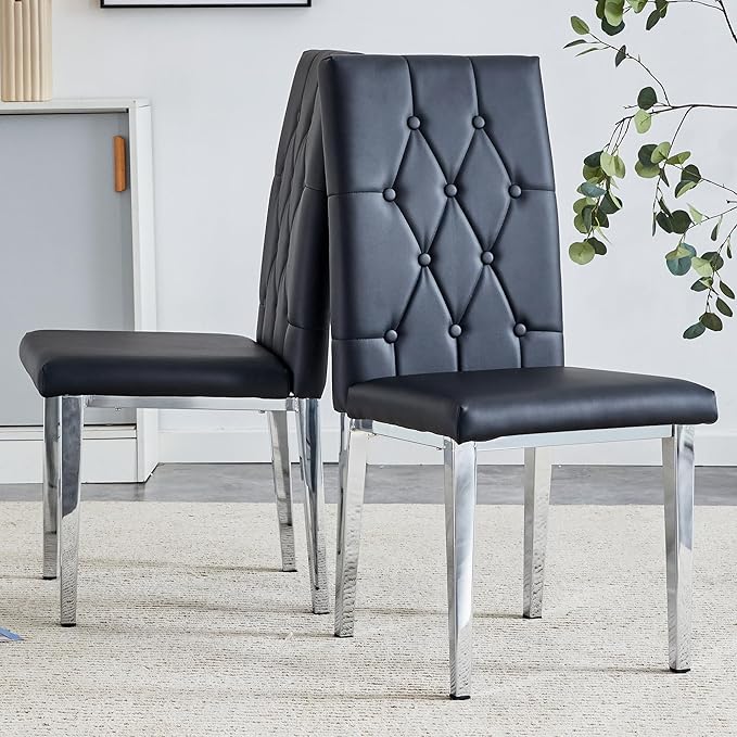 NicBex Dining Chairs Set of 4 Modern PU Dining Room Kitchen Chairs with Embedded Button High Backrest,Silver Metal Legs,Chairs for Dining Room, Kitchen,Living Room, and Restaurants,Black - LeafyLoom
