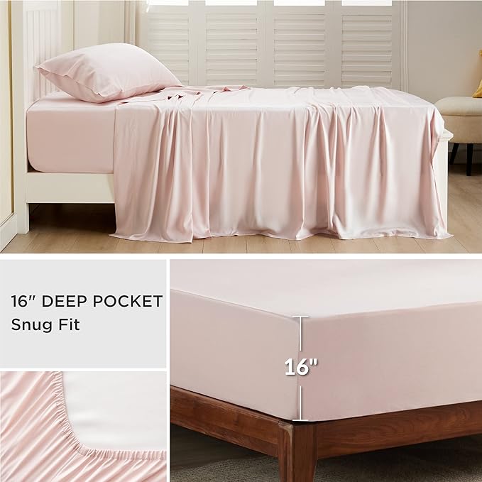 Bedsure Twin Sheets Set, Cooling Sheets Twin Size Bed Set, Rayon Derived from Bamboo, Twin Size Sheets, Breathable & Soft Bed Sheets, Hotel Luxury Silky Bedding Sheets & Pillowcases, Pink - LeafyLoom