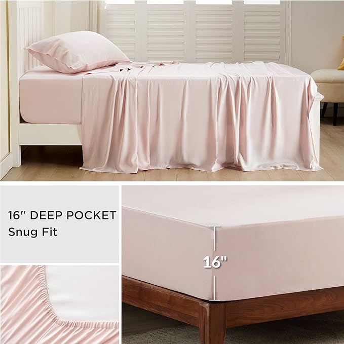 Bedsure Twin XL Sheet Set Dorm Bedding, Cooling Sheets Twin Extra Long Sheets, Rayon Derived from Bamboo, Deep Pocket Up to 16", Hotel Luxury Silky Bedding Sheets & Pillowcases, Pink - LeafyLoom