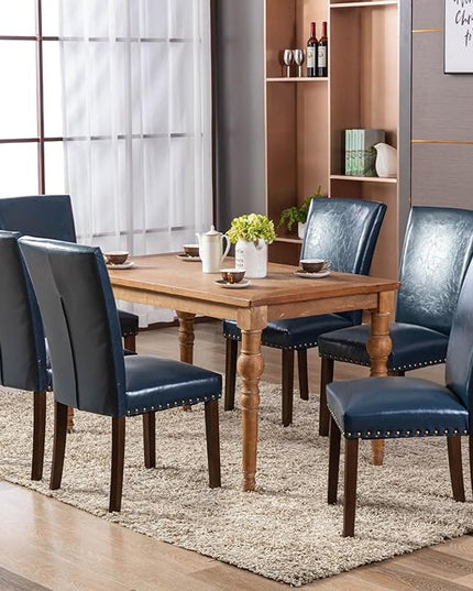 COLAMY Upholstered Parsons Dining Chairs Set of 2, PU Leather Dining Room Kitchen Side Chair with Nailhead Trim and Wood Legs - Blue - LeafyLoom