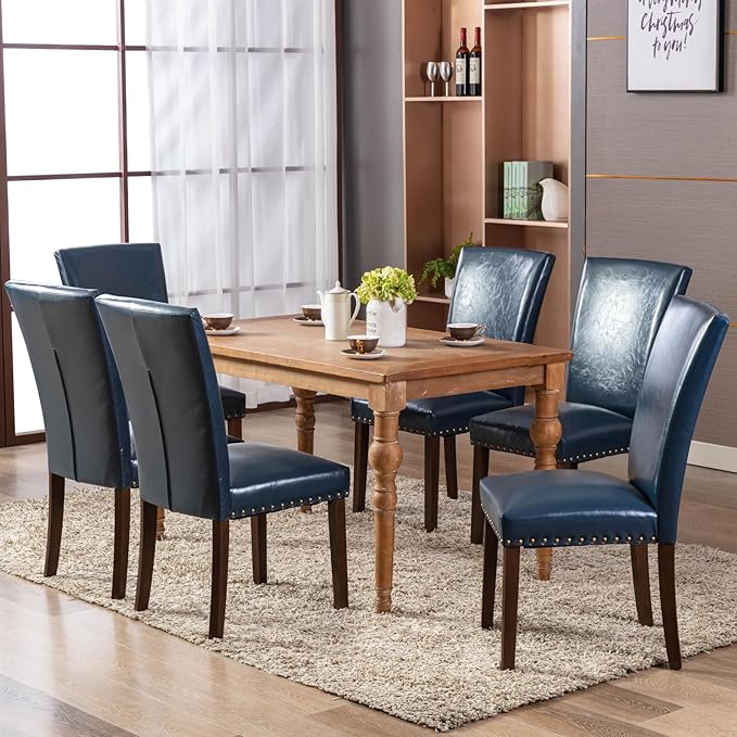 COLAMY Upholstered Parsons Dining Chairs Set of 2, PU Leather Dining Room Kitchen Side Chair with Nailhead Trim and Wood Legs - Blue - LeafyLoom