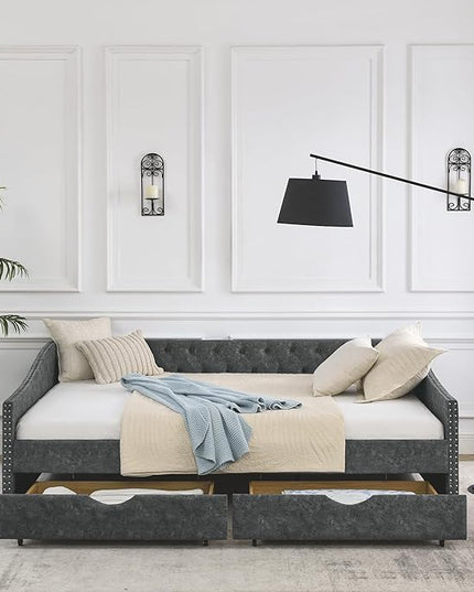Queen Size Upholstered Daybed with Two Storage Trundle Drawers, Wooden Sofa Bed w/Button Tufted Backrest and Waved Shape Arms, No Box Spring Needed, for Living Room, Bedroom, Dorm, Grey - LeafyLoom