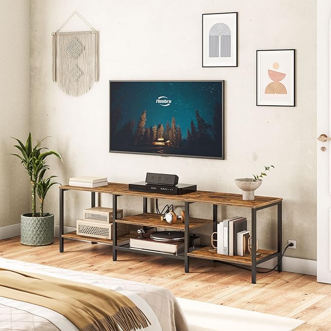 HOOBRO TV Stand with Power Outlets to 75 Inches, TV Console Table with Open Storage Shelves Cabinet, Industrial Media Entertainment Center for Living Room Bedroom, Rustic Brown and Black BF80DS01 - LeafyLoom