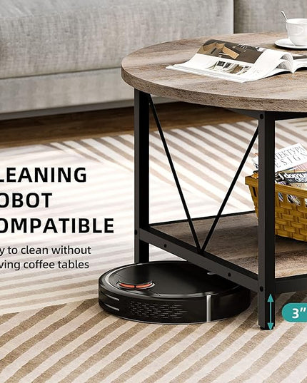 YITAHOME Round Coffee Table,Rustic Wood Coffee Tables for Living Room with Storage Shelf, Modern Farmhouse Circle Coffee Table Center with Sturdy Metal Legs Home Furniture, Grey Wash - LeafyLoom