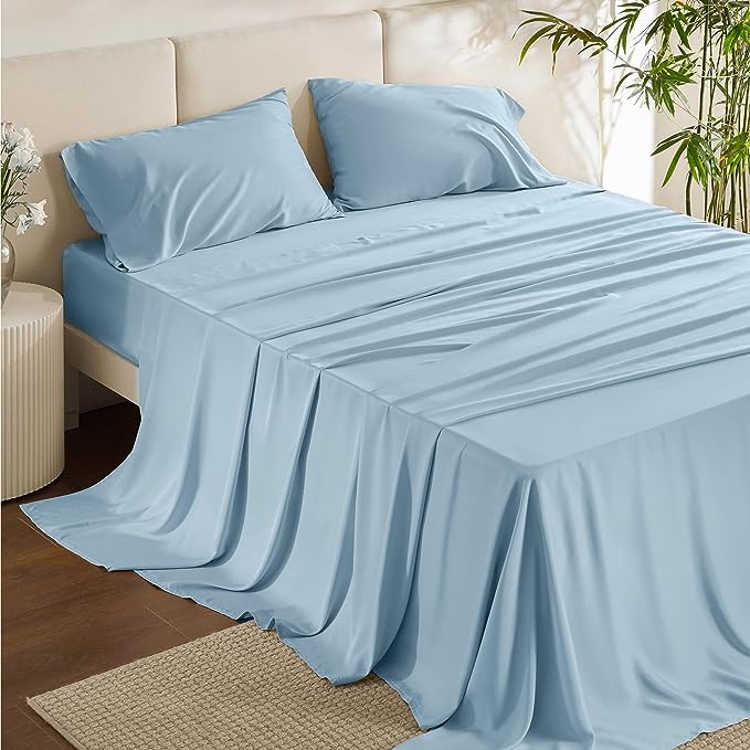 Bedsure Queen Sheets, Rayon Derived from Bamboo, Queen Cooling Sheet Set, Deep Pocket Up to 16", Breathable & Soft Bed Sheets, Hotel Luxury Silky Bedding Sheets & Pillowcases, Teal Blue - LeafyLoom