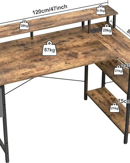 L Shaped Gaming Desk with Power Outlets, 47 Inch Computer Desk with LED Lights and Reversible Shelves, Corner Desk Work Desk for Home Office Bedroom, Rustic Brown - LeafyLoom