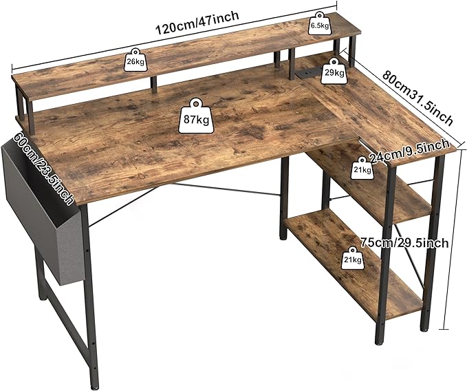 L Shaped Gaming Desk with Power Outlets, 47 Inch Computer Desk with LED Lights and Reversible Shelves, Corner Desk Work Desk for Home Office Bedroom, Rustic Brown - LeafyLoom