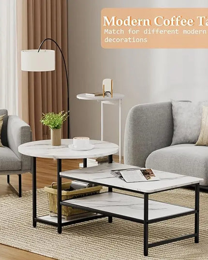 WOHOMO Coffee Table, White Modern Coffee Tables for Living Room, Detachable 2 Small Coffee Tables, Faux White Marble - LeafyLoom