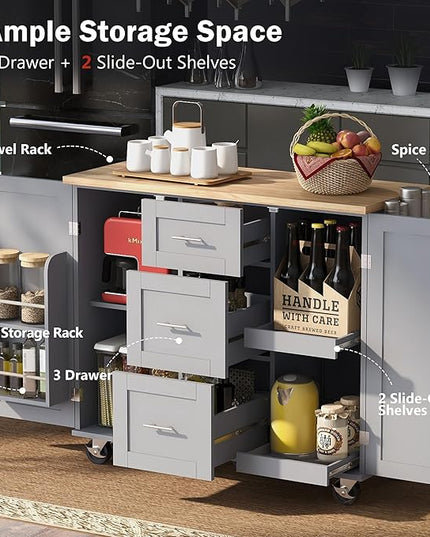 Kitchen Island with Storage, Spice Rack & Tower Rack, Mobile Rolling Kitchen-Cart on Wheels w/Rubber Wood Top, 3 Drawer, 2 Slide-Out Shelf and Internal Storage Rack - LeafyLoom