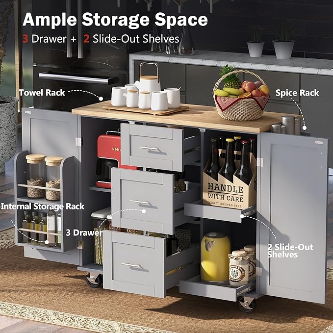 Kitchen Island with Storage, Spice Rack & Tower Rack, Mobile Rolling Kitchen-Cart on Wheels w/Rubber Wood Top, 3 Drawer, 2 Slide-Out Shelf and Internal Storage Rack - LeafyLoom