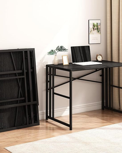 Folding Small Computer Desk, Foldable Space-Saving Home Office Table, Simple Study Writing Gaming Workstation for Small Space, No Assembly Needed, Black - LeafyLoom
