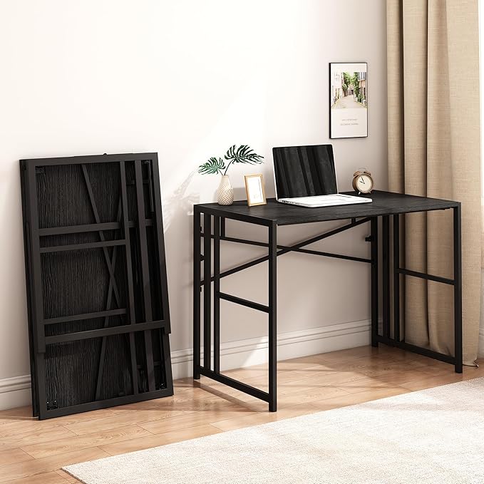 Folding Small Computer Desk, Foldable Space-Saving Home Office Table, Simple Study Writing Gaming Workstation for Small Space, No Assembly Needed, Black - LeafyLoom