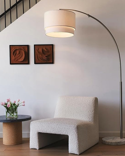 Brightech Mason Arc Floor Lamp - Modern Corner Standing Lamp with Unique Hanging Drum Lamp Shade for Living Room - Bright Overhead, Curved Hanging Light for Bedroom. Library, Den - Nickel - LeafyLoom