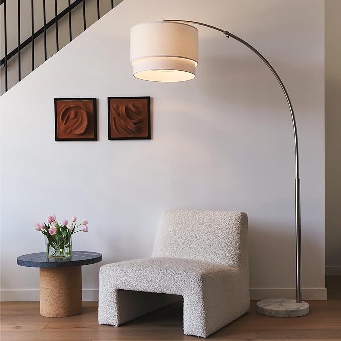 Brightech Mason Arc Floor Lamp - Modern Corner Standing Lamp with Unique Hanging Drum Lamp Shade for Living Room - Bright Overhead, Curved Hanging Light for Bedroom. Library, Den - Nickel - LeafyLoom