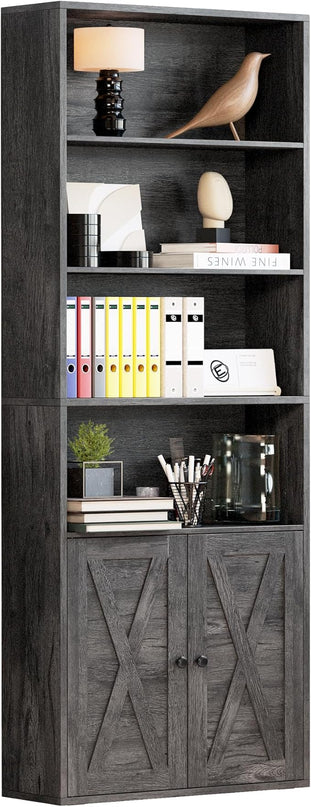 IRONCK Industrial Bookshelves and Bookcases with Doors Floor Standing 6 Shelf Display Storage Shelves 70 in Tall Bookcase for Home Office, Living Room - LeafyLoom