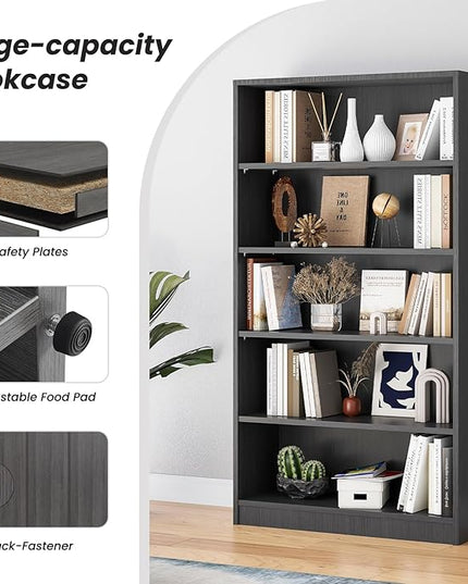 Farini 5 shelf boockase Display Bookcase Freestanding Wooden Bookshelves for Home Office Living Room,60 Inch Height,Grey - LeafyLoom