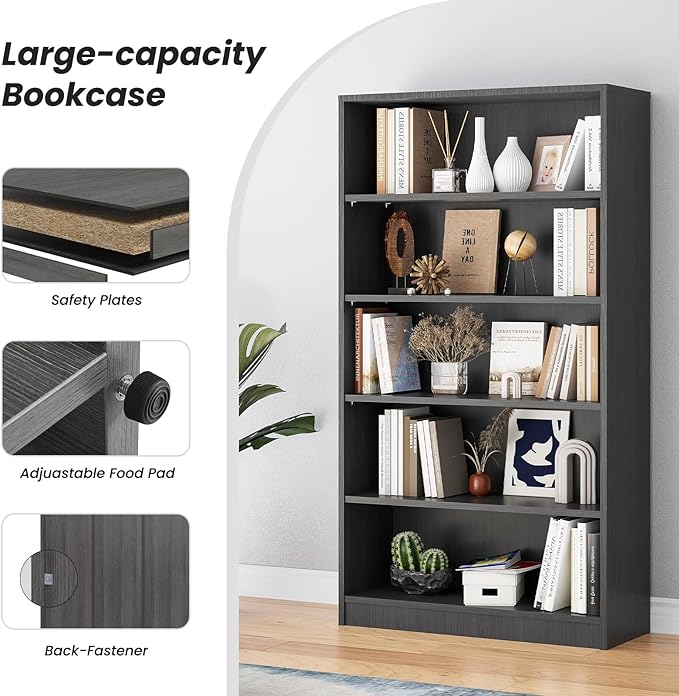 Farini 5 shelf boockase Display Bookcase Freestanding Wooden Bookshelves for Home Office Living Room,60 Inch Height,Grey - LeafyLoom