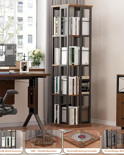 Aheaplus Rotating Bookshelf, Corner Bookshelf, 360 Display Wood Spinning Bookshelf, Floor Standing Bookcase Narrow Shelf Revolving Organizer Storage Rack for Small Space, Bedroom, Study Room - LeafyLoom