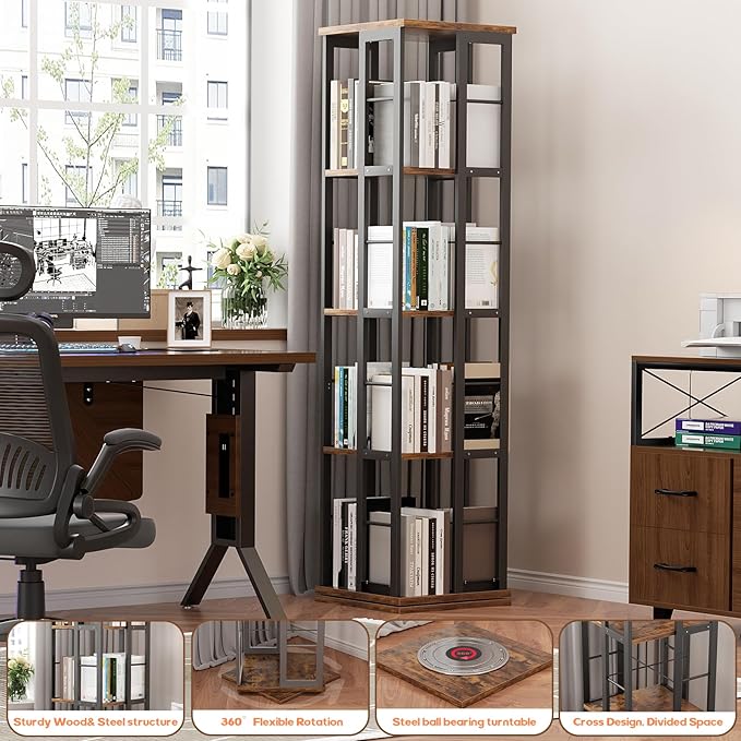 Aheaplus Rotating Bookshelf, Corner Bookshelf, 360 Display Wood Spinning Bookshelf, Floor Standing Bookcase Narrow Shelf Revolving Organizer Storage Rack for Small Space, Bedroom, Study Room - LeafyLoom