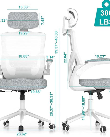 Ergonomic Office Chair, High Back Mesh Desk Chair with Thick Molded Foam Cushion, Coat Hanger, Adjustable Headrest, Lumbar Support, Tilt & Lock Function - Computer Chair (Light Grey) - LeafyLoom