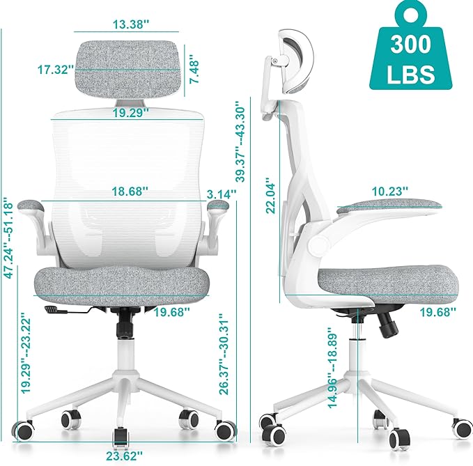 Ergonomic Office Chair, High Back Mesh Desk Chair with Thick Molded Foam Cushion, Coat Hanger, Adjustable Headrest, Lumbar Support, Tilt & Lock Function - Computer Chair (Light Grey) - LeafyLoom