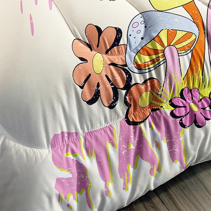 Axolotl Cartoon Mushroom Comforter Set Full,Colorful Mushrooms Bedding Girls Bedding Set,Floral Comforter Set Red Pink Flower,Cute Mushroom Bedding Set for Kids Boys Girls Teens,1 Quilt 2 Pillowcases - LeafyLoom