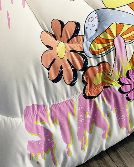 Axolotl Cartoon Mushroom Comforter Set Queen,Colorful Mushrooms Bedding Girls Bedding Set,Floral Comforter Set Red Pink Flower,Cute Mushroom Bedding Set For Kids Boys Girls Teens,1 Quilt 2 Pillowcases - LeafyLoom