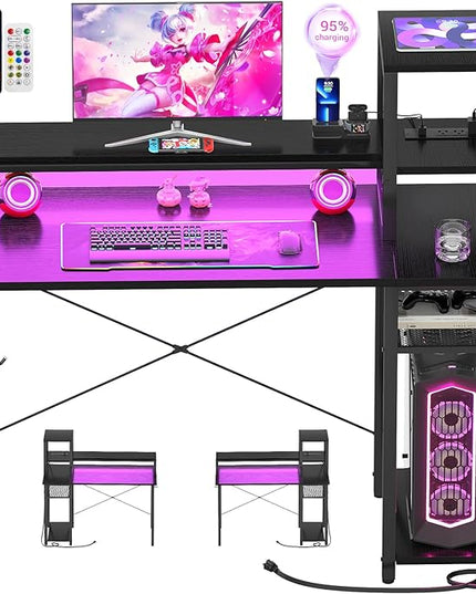 armocity 2024 Upgrade Gaming Desk with LED Lights, Small Computer Desk with Long Monitor Stand, 40'' Reversible Laptop Table with Storage Shelves, Small Desk for Small Spaces, Gaming Room, Black - LeafyLoom