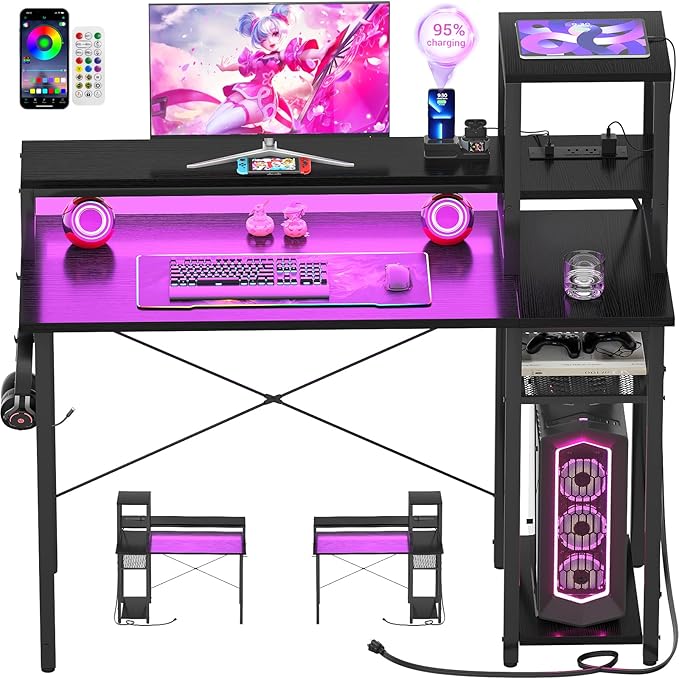 armocity 2024 Upgrade Gaming Desk with LED Lights, Small Computer Desk with Long Monitor Stand, 40'' Reversible Laptop Table with Storage Shelves, Small Desk for Small Spaces, Gaming Room, Black - LeafyLoom