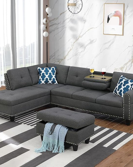 L Shaped Sectional Couch with Ottoman and Pillows 2 Cup Holders Design Living Room Furniture Sets for Apartment, Office, Dark Gray - LeafyLoom
