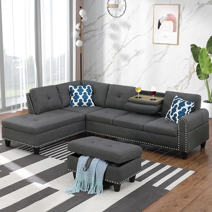 L Shaped Sectional Couch with Ottoman and Pillows 2 Cup Holders Design Living Room Furniture Sets for Apartment, Office, Dark Gray - LeafyLoom