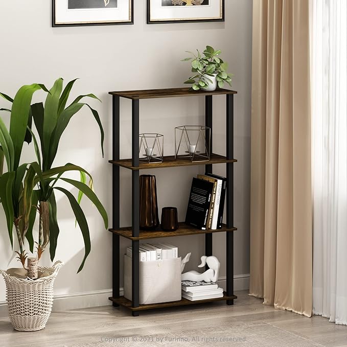 Furinno Turn-S-Tube 4-Tier Compact Multipurpose Shelf Display Rack with Square Tube, Amber Pine/Black - LeafyLoom