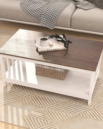 ChooChoo Farmhouse Coffee Table, White Living Room Table with Shelf, 40 Inch - LeafyLoom