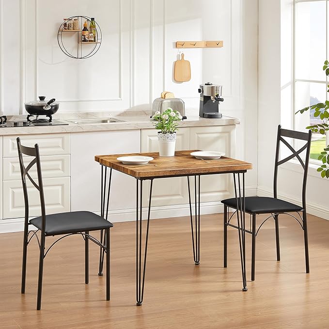 VECELO Kitchen Dining Room Table 2 Chairs for Small Space, Apartment,Metal Steel Frame, 3-Piece Set, Brown - LeafyLoom