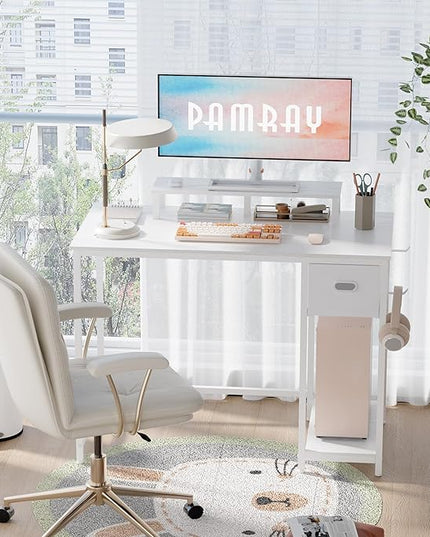 Pamray 39 Inch Computer Desk with Monitor Stand Small Home Office Desks with Non-Woven Storage Drawer for Bedroom Study Table Writing and Work Desk White,White Leg - LeafyLoom