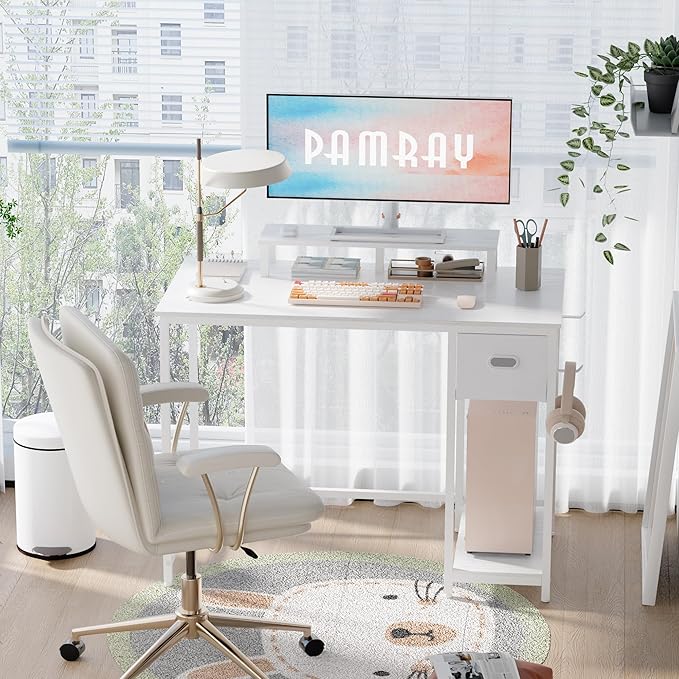 Pamray 39 Inch Computer Desk with Monitor Stand Small Home Office Desks with Non-Woven Storage Drawer for Bedroom Study Table Writing and Work Desk White,White Leg - LeafyLoom