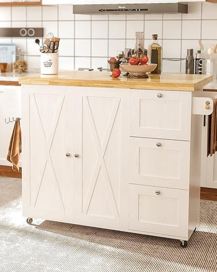 IRONCK Rolling Kitchen Island Cart with Drop-Leaf Countertop, Thicker Rubberwood Top, 3 Drawers, Barn Door Style Cabine, Spice Rack, on Wheels, for Kitchen and Dining Room, White - LeafyLoom