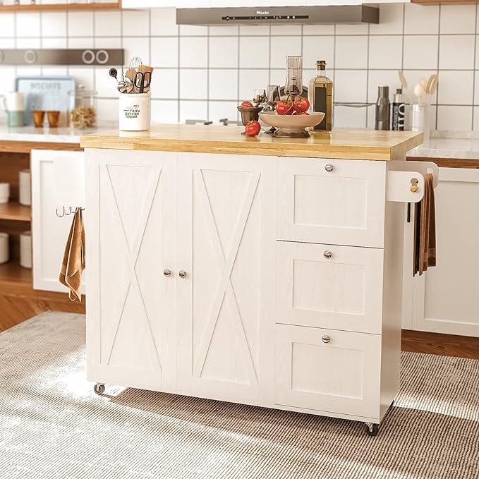 IRONCK Rolling Kitchen Island Cart with Drop-Leaf Countertop, Thicker Rubberwood Top, 3 Drawers, Barn Door Style Cabine, Spice Rack, on Wheels, for Kitchen and Dining Room, White - LeafyLoom